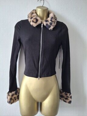 Black Bomber Jacket with Leopard-Print Faux Fur Collar and Cuffs